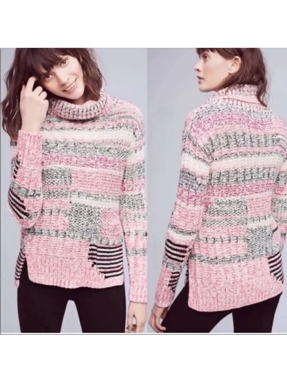 Anthropologie L Sparrow Alma Pink White Black Turtleneck Pullover Sweater